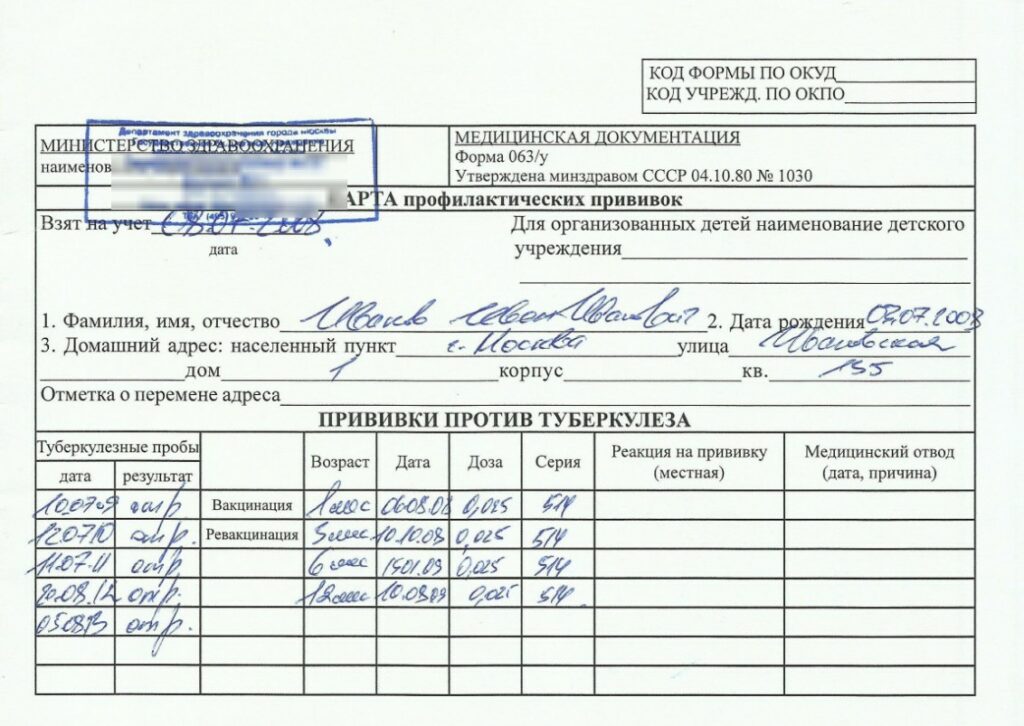 карта профилактических прививок